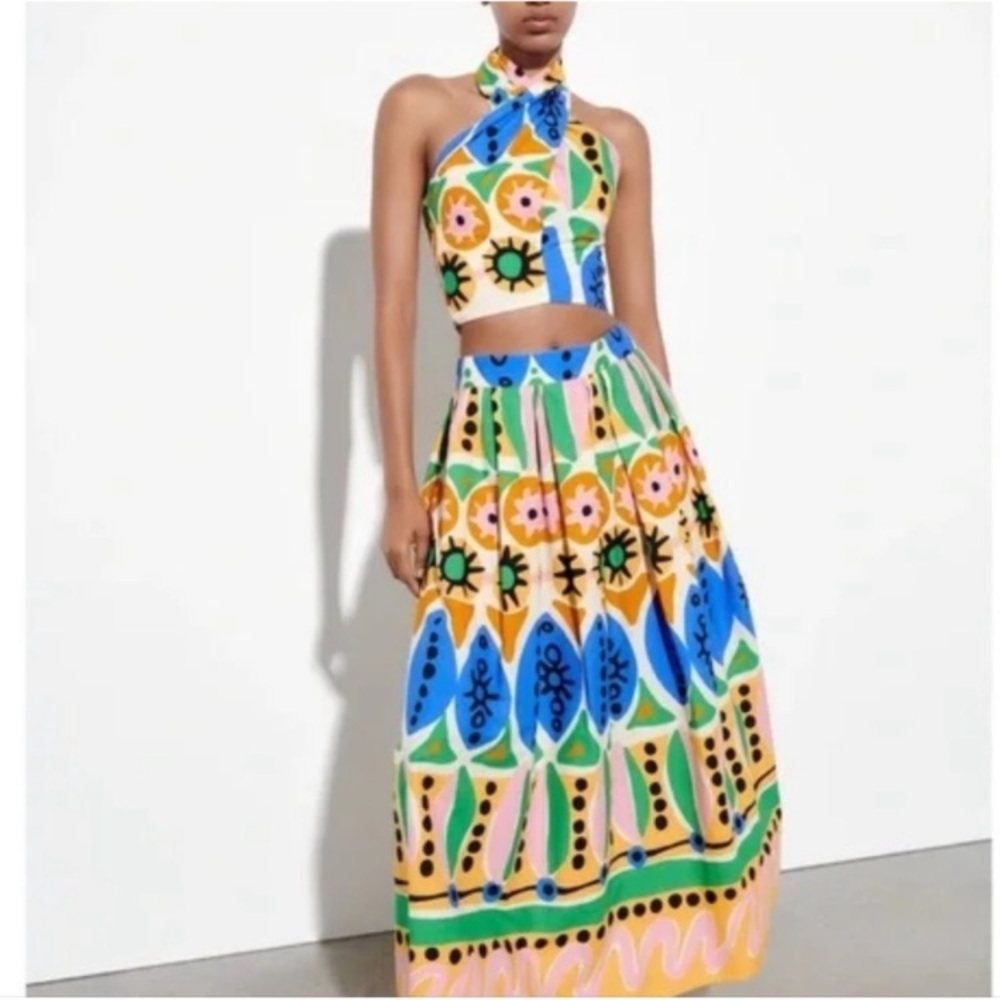 ZARA Colorful Cotton Abstract Batik African Print Pleated Maxi Skirt - Picture 10 of 13